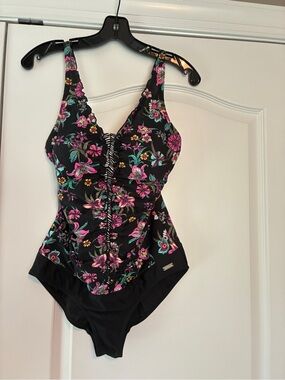 VENUS Black Floral One-Piece Swimsuit with Pink & Teal